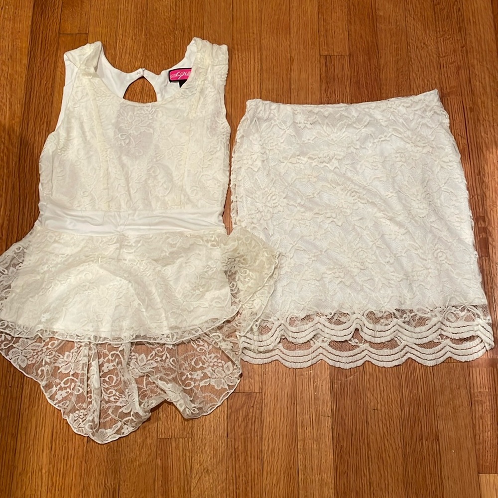 White Lace Bundle, Peplum Top and Mini Skirt. Size Small